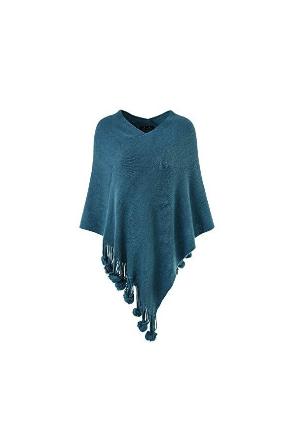 Ferand Elégant Pull Cape Poncho Femme Tricot avec Franges à Pompons - Taille Unique - Noir