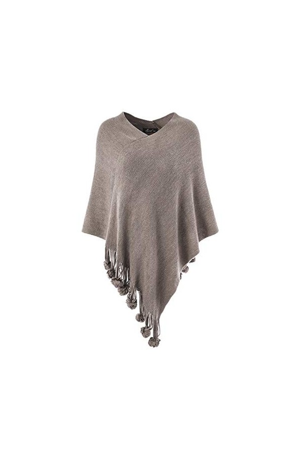 Ferand Elégant Pull Cape Poncho Femme Tricot avec Franges à Pompons - Taille Unique - Noir