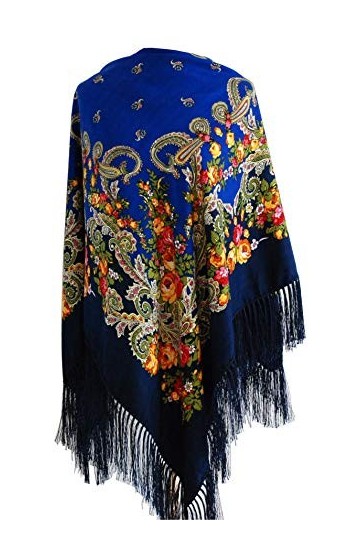 Grand châle coloré de culture russe slave, style folk femme châle enveloppant écharpe motif floral avec frange, Bleu foncé., 