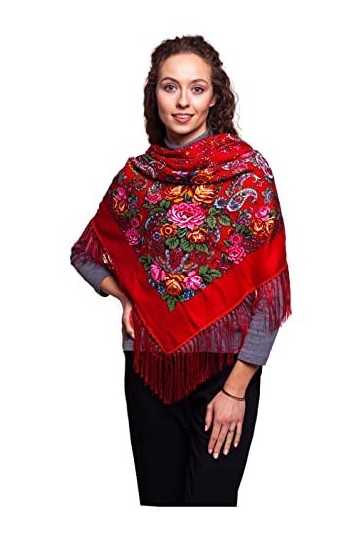 Élégant châle russe style folk slavonique 110 cm x 110 cm , Rouge, Taille Unique