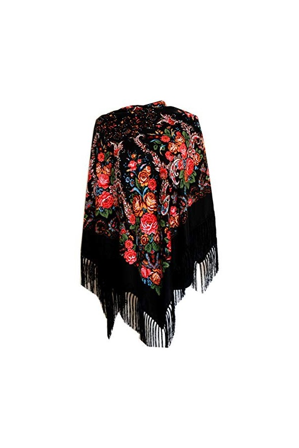 Élégant châle russe style folk slavonique 110 cm x 110 cm , Rouge, Taille Unique