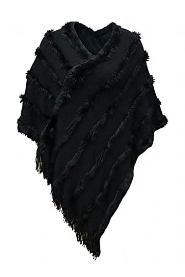 JFAN Poncho Femme Fourrure Cape en Tricot à col en V Léger Ponchos et Capes dautomne/Hiver Noir