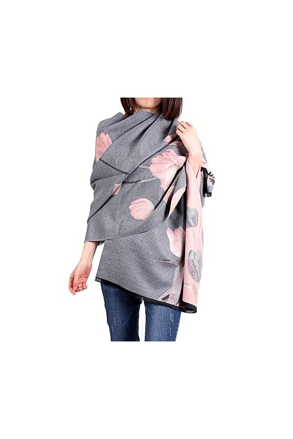 GFM® Châle écharpe de style pashmina à texture cachemire pour lautomne et lhiver YCA-A , 2-tulipes Gris, L