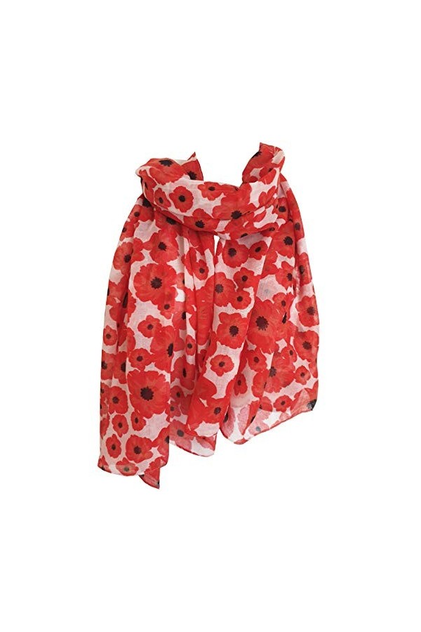 GlamLondon Écharpe coquelicot rouge imprimé grande fleur douce pour femme, rouge/blanc, L