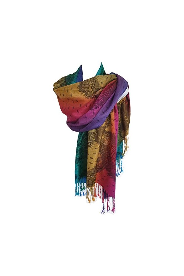 GlamLondon Pashmina Châle multicolore multicolore Paisley/roses/patchs/plumes de paon, Paons multicolores arc-en-ciel, L