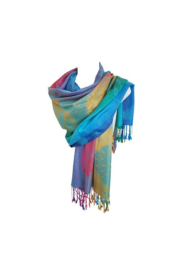 GlamLondon Pashmina Châle multicolore multicolore Paisley/roses/patchs/plumes de paon, Paons multicolores arc-en-ciel, L