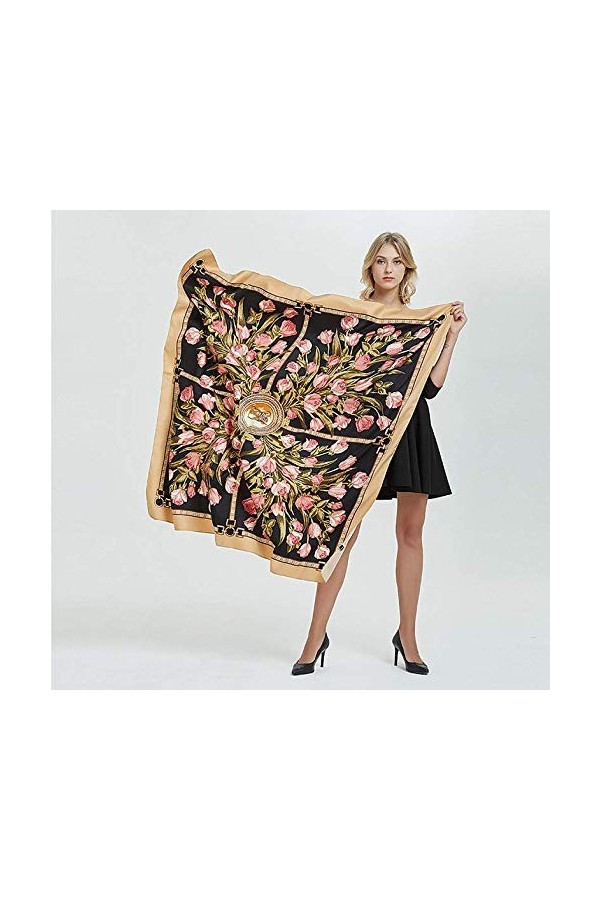 LA FERANI - Écharpe de designer 130 x 130 cm pour femme en soie étole écharpe pashma châle roses noir pour femme accessoire c