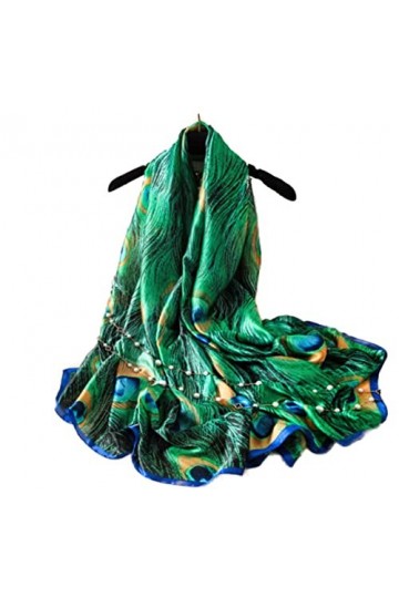 LA FERANI Foulard dété en soie verte - Motif paon - Pour femme - 180 x 90 cm - Idée cadeau pour fille et mère, vert, 180x90