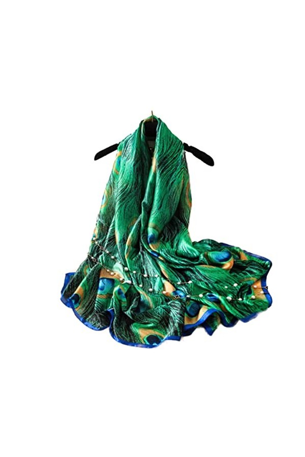 LA FERANI Foulard dété en soie verte - Motif paon - Pour femme - 180 x 90 cm - Idée cadeau pour fille et mère, vert, 180x90