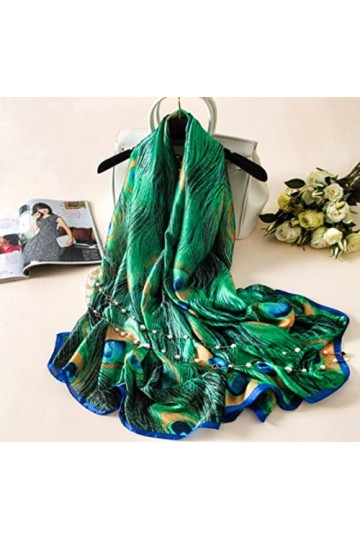 LA FERANI Foulard dété en soie verte - Motif paon - Pour femme - 180 x 90 cm - Idée cadeau pour fille et mère, vert, 180x90