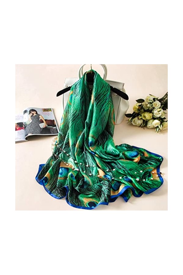 LA FERANI Foulard dété en soie verte - Motif paon - Pour femme - 180 x 90 cm - Idée cadeau pour fille et mère, vert, 180x90