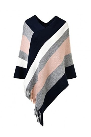 Ferand Joli Poncho Femme à Rayures Châle Doux Chaud à Franges pour l Automne Hiver - Taille unique - Bleu marine & Rose