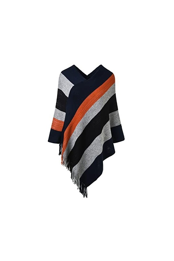 Ferand Joli Poncho Femme à Rayures Châle Doux Chaud à Franges pour l Automne Hiver - Taille unique - Bleu marine & Rose