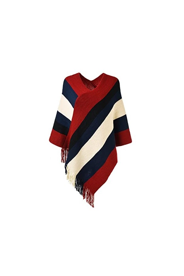 Ferand Joli Poncho Femme à Rayures Châle Doux Chaud à Franges pour l Automne Hiver - Taille unique - Bleu marine & Rose