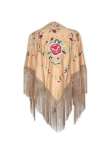 AMINA Châle à bec moyen triangulaire flamenco ou sévillanas 150 x 75 cm Corps beige, broderie multicolore, beige, 175x75cm