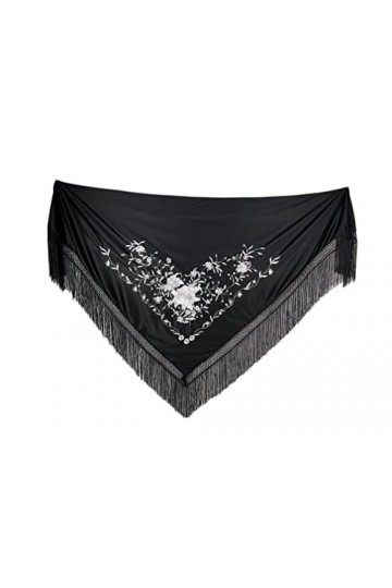 AMINA Pic de flamant noir brodé blanc avec franges brodé sur une face, grand 190 x 90 cm