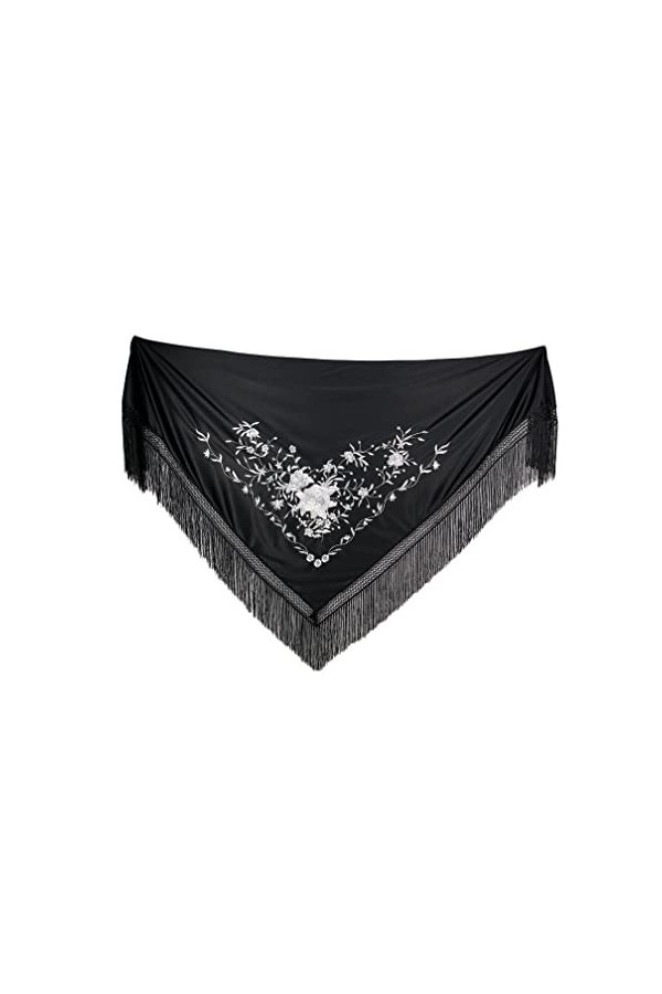 AMINA Pic de flamant noir brodé blanc avec franges brodé sur une face, grand 190 x 90 cm