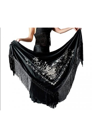 AMINA Pic de flamant noir brodé blanc avec franges brodé sur une face, grand 190 x 90 cm