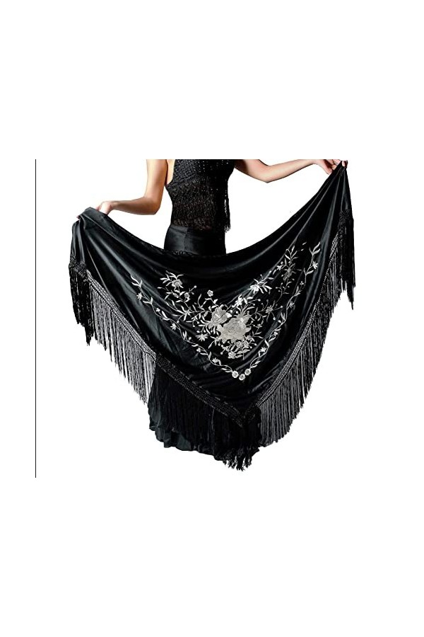 AMINA Pic de flamant noir brodé blanc avec franges brodé sur une face, grand 190 x 90 cm