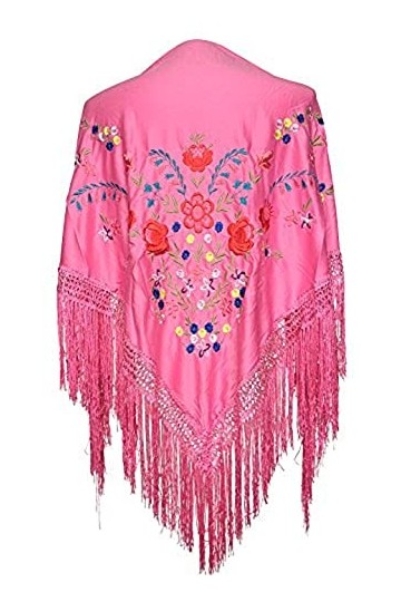 AMINA Beurre de bec moyen triangulaire de flamenco ou sévillanas 175 x 75 cm Corps rose, brodé de fleurs sauvages multicolo