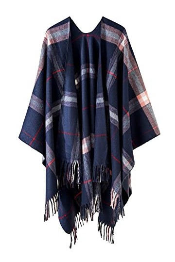 Danfiki Poncho réversible imprimé châle ouvert sur le devant pour femme, Double grille bleu marine, taille unique