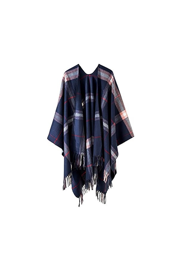 Danfiki Poncho réversible imprimé châle ouvert sur le devant pour femme, Double grille bleu marine, taille unique