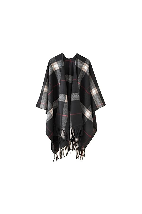 Danfiki Poncho réversible imprimé châle ouvert sur le devant pour femme, Double grille bleu marine, taille unique