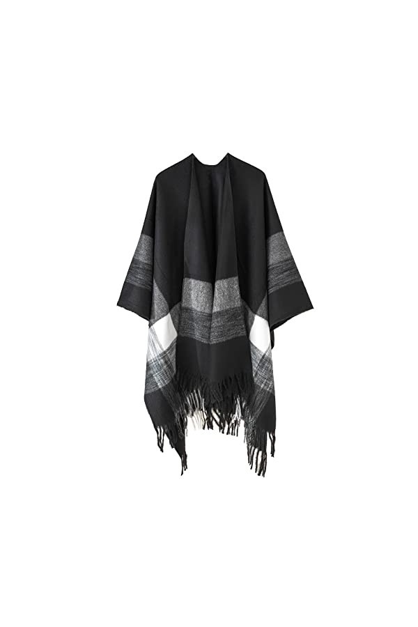 Danfiki Poncho réversible imprimé châle ouvert sur le devant pour femme, Double grille bleu marine, taille unique