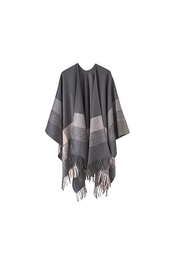 Danfiki Poncho réversible imprimé châle ouvert sur le devant pour femme, Double grille bleu marine, taille unique