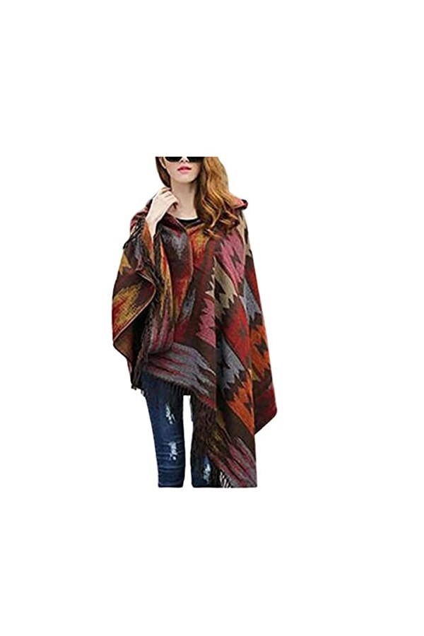 Longyangqk Vintage Plaid Tricoté Gland Poncho Châle Cape Bouton Cardigan Châles et Wraps pour Femmes