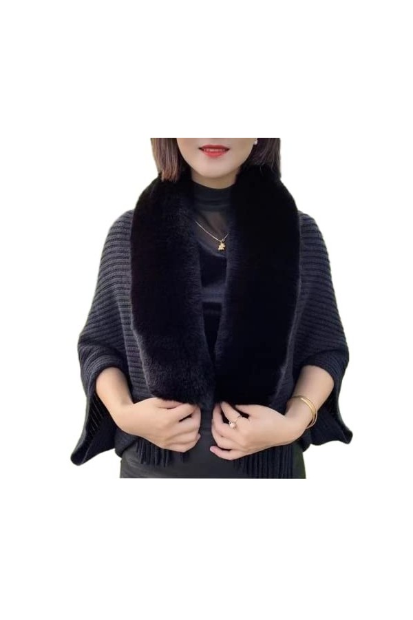 Geagodelia Poncho Cape à Col Roulé pour Femme Châle Hiver Chaud Pull Tricoté Manteau Cardigan Chic à Franges Noir Fausse Fou