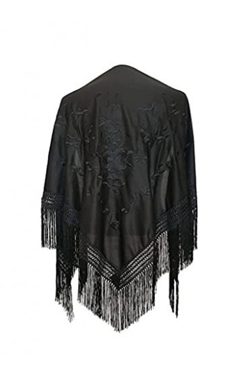 AMINA Châle à bec noir flamenco avec franges. Broderie noire sur une face. Grande taille 190 x 90 cm, Noir , 190X90cm