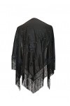 AMINA Châle à bec noir flamenco avec franges. Broderie noire sur une face. Grande taille 190 x 90 cm, Noir , 190X90cm