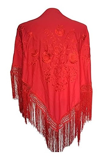 AMINA Châle à bec rouge flamant rose avec franges. Broderie et franges rouges. Broderie à une face. Grande 190 x 90 cm, rouge