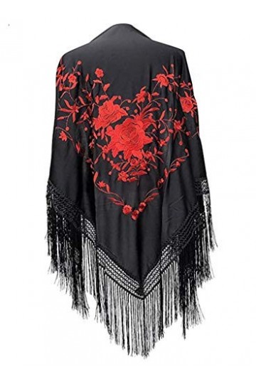 AMINA Beurre de bec noir de flamant rose avec franges. Broderie de fleurs rouges sur un côté. Grand 190 x 90 cm.