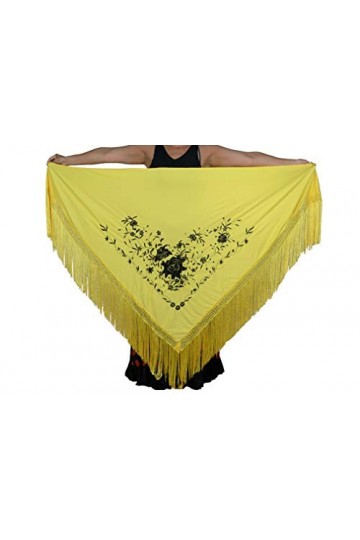 Beurre jaune de flamant rose avec franges. Broderie noire sur une face. Dimensions : 190 x 90 cm.