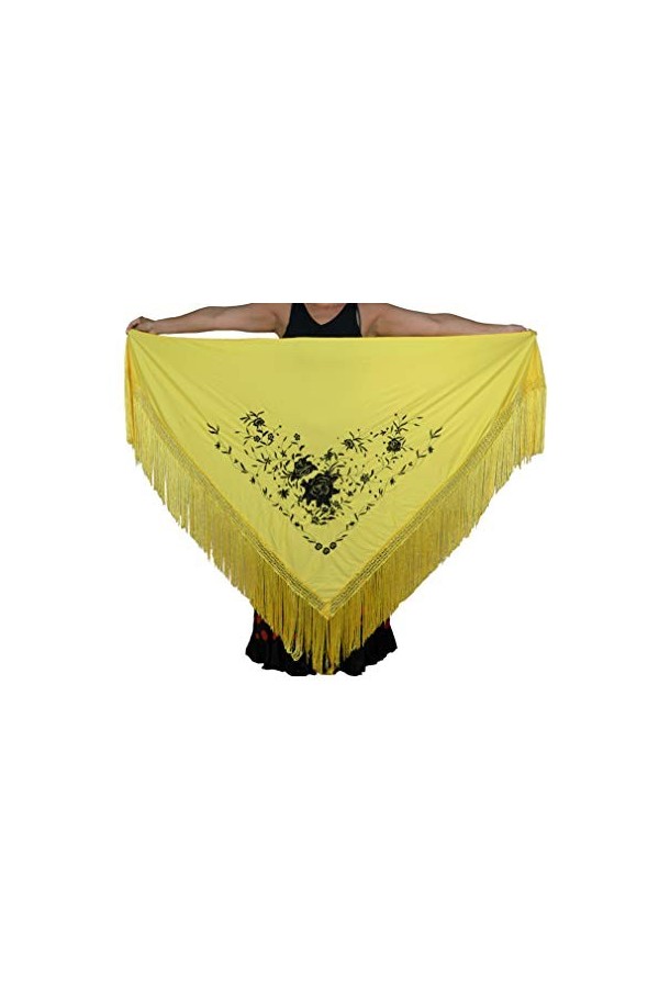 Beurre jaune de flamant rose avec franges. Broderie noire sur une face. Dimensions : 190 x 90 cm.