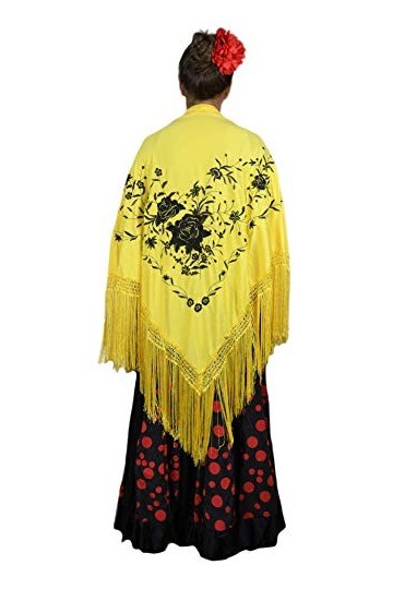 Beurre jaune de flamant rose avec franges. Broderie noire sur une face. Dimensions : 190 x 90 cm.