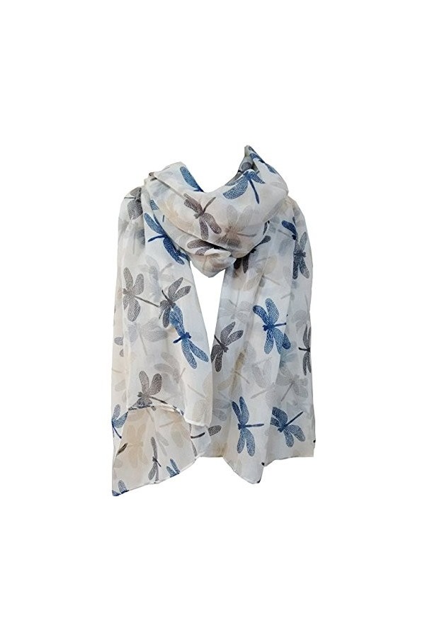 GlamLondon Foulard Femme Chic Imprimé Libellule - Blanc - Large