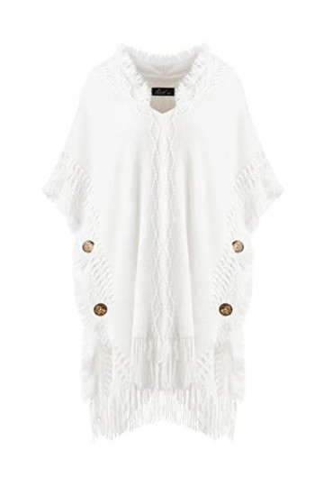 Ferand Pull Poncho Elegant Femme à Capuche en Crochet avec Finition à Boutons - Taille Unique - Blanc
