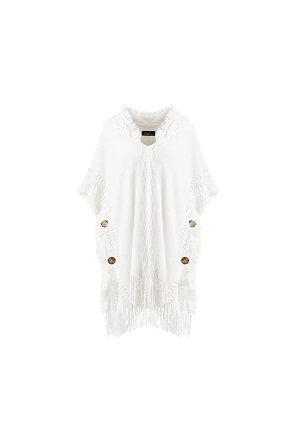 Ferand Pull Poncho Elegant Femme à Capuche en Crochet avec Finition à Boutons - Taille Unique - Blanc