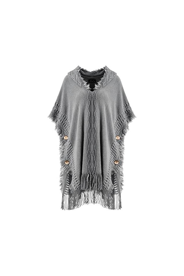 Ferand Pull Poncho Elegant Femme à Capuche en Crochet avec Finition à Boutons - Taille Unique - Blanc