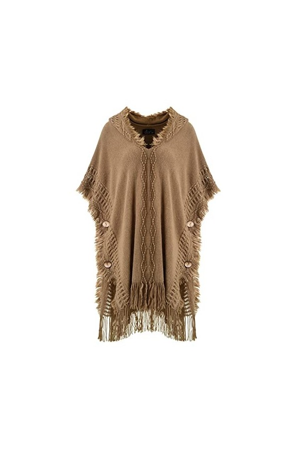 Ferand Pull Poncho Elegant Femme à Capuche en Crochet avec Finition à Boutons - Taille Unique - Blanc