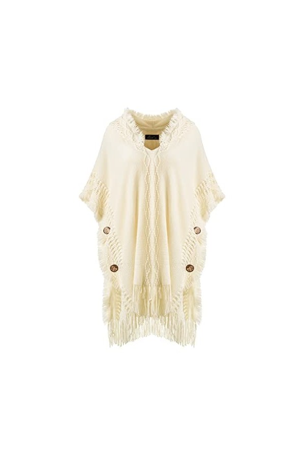 Ferand Pull Poncho Elegant Femme à Capuche en Crochet avec Finition à Boutons - Taille Unique - Blanc