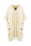 Ferand Pull Poncho Elegant Femme à Capuche en Crochet avec Finition à Boutons - Taille Unique - Blanc