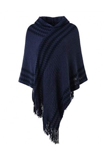 Ferand Chic Cape Poncho Femme à Capuche Tricot avec Rayures en Zigzag et Franges - Taille Unique - Bleu Marine