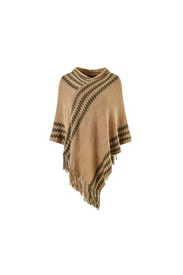 Ferand Chic Cape Poncho Femme à Capuche Tricot avec Rayures en Zigzag et Franges - Taille Unique - Bleu Marine