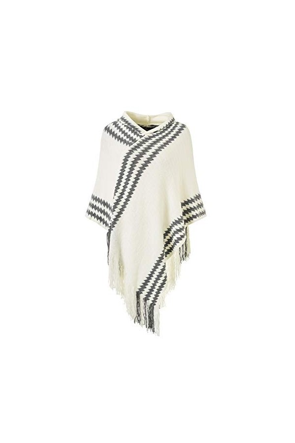Ferand Chic Cape Poncho Femme à Capuche Tricot avec Rayures en Zigzag et Franges - Taille Unique - Bleu Marine