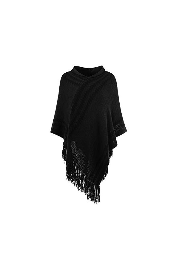 Ferand Chic Cape Poncho Femme à Capuche Tricot avec Rayures en Zigzag et Franges - Taille Unique - Bleu Marine