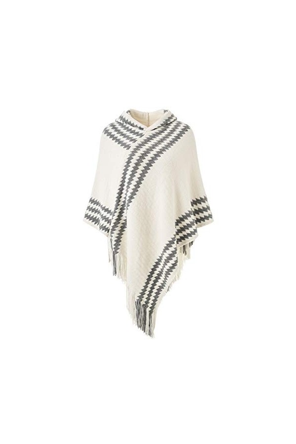 Ferand Chic Cape Poncho Femme à Capuche Tricot avec Rayures en Zigzag et Franges - Taille Unique - Bleu Marine